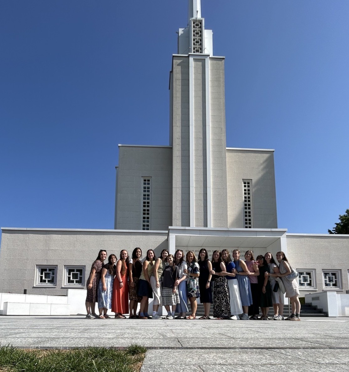 BYU dance students outside the Hague Temple